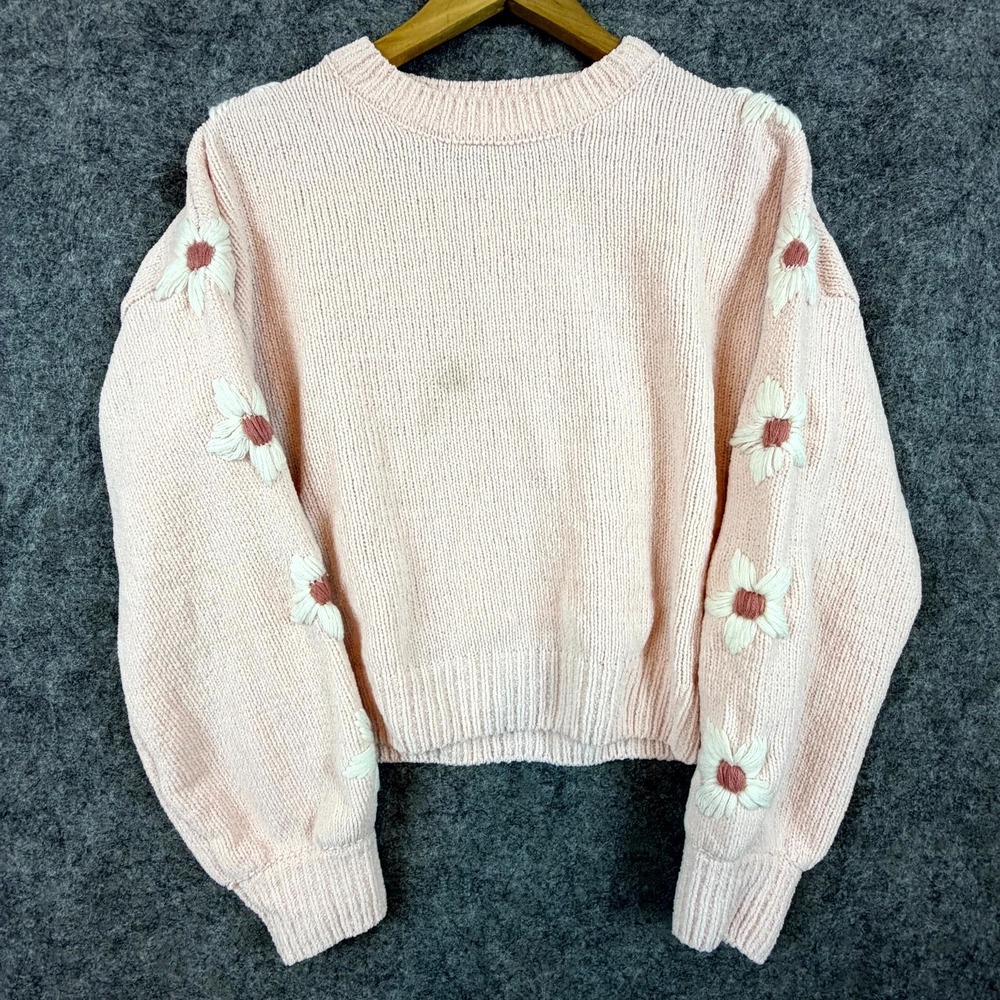 Lola Sweater Womens Medium Pink Flower Embroidered Girly Crewneck‎ Hippie